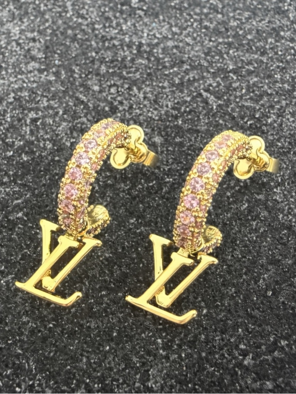 Fashion Jewelry Gold Hoop Earrings with Pink Crystal Pavé and LV Charm